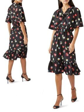 NWT Lauren Ralph Lauren Black Floral Crepe Tie-Neck Midi Dress / US 4